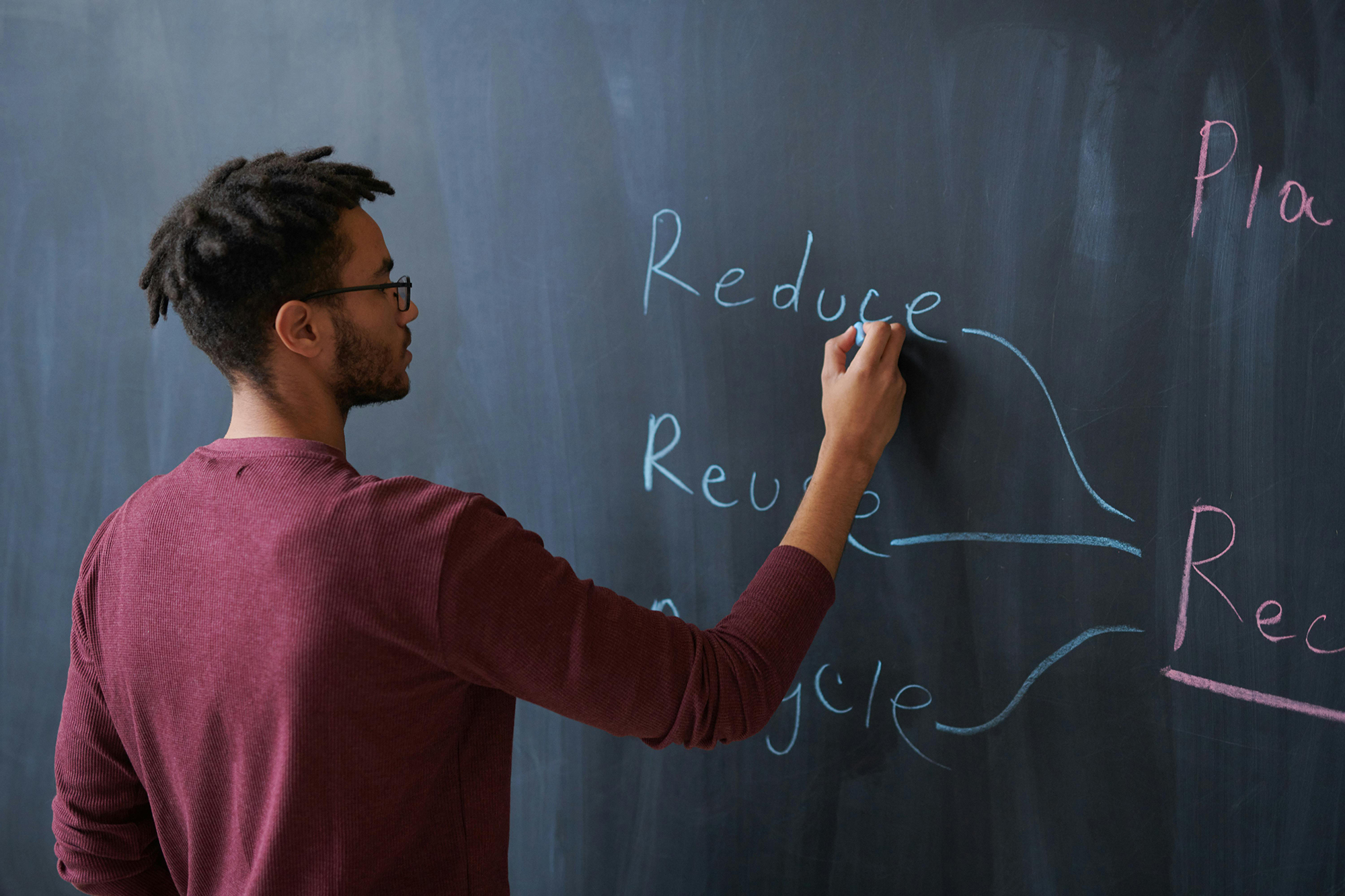 Student writing on chalkboard
